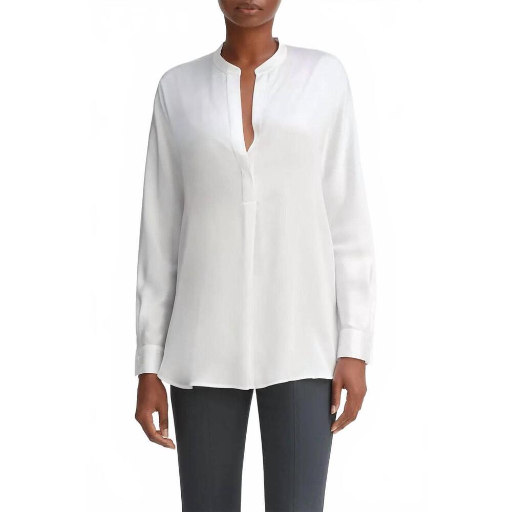 NEW VINCE silk satin band collar blouse in optic white